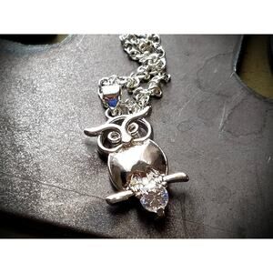 Sterling Silver Owl Pendant Necklace with Simulated Diamond Accent